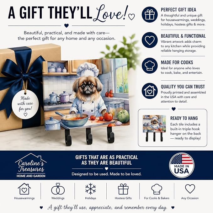 Caroline's Treasures Pekingese The Chef Leash or Key Holder Wall Hooks, Key Hooks Holder, Coat Rack Wall Mount, Coat Hooks, Hooks for Hanging Keys, Towels, Aprons, Leashes | Pekingese The Chef artwork on ceramic tile with three steel hooks for keys, le...