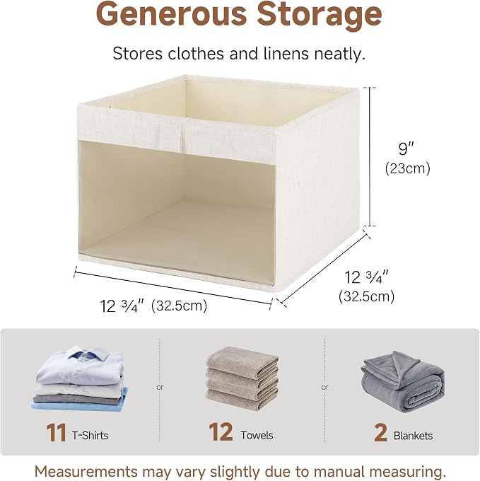 StorageWorks Linen Closet Organizer Storage Bins, Oatmeal Color, 3-Pack | Cotton Linen Fabric, See-Through Mesh Front, Soft Leather Handles, Flip to Show/Hide, Holds Clothes, Towels, Blankets, Toys