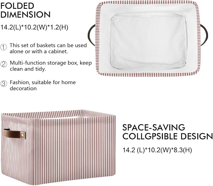 Brick Red White Stripes Storage Basket with Handles Collapsible Canvas Storage Bin Toy Decorative Basket Closet Organizer for Nursery Bedroom Home
