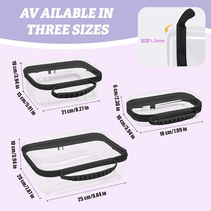 3 Pack Deep Clear Hard Shell Zipper Cases with Handle (Black) | Travel Toiletry Bag, Waterproof 1.2mm PET Hard Plastic Pouches, Organizer Box for Makeup, Toy, Snack, Stationery, Diaper