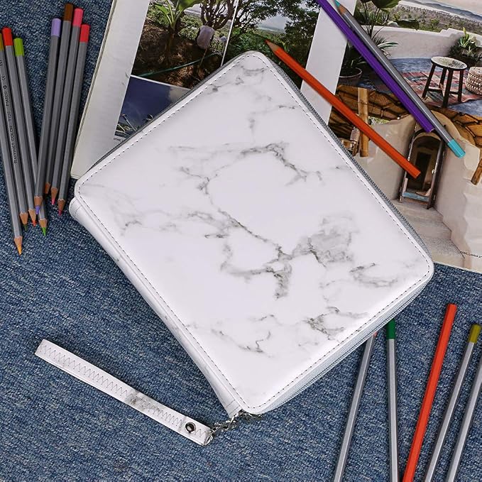 BTSKY Deluxe PU Leather Pencil Case For Colored Pencils - 120 Slot, White | Pencil Holder with Handle Strap Handy Colored Pencil Box Large for Artists, Adults Coloring, Sketching, Drawing