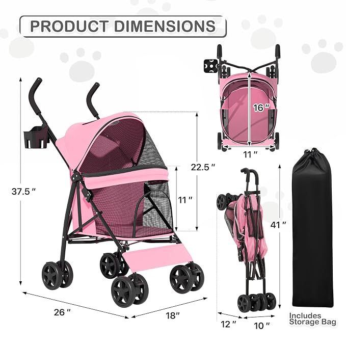 MoNiBloom Pet Stroller for Small/Medium Dogs and Cats up to 22 lbs, Pink | Foladble 4 Wheels Easy-Fold Puppy Cage Jogger Stroller with Sun Cover, Pad and Rear Storage Bag, Breathable and Visible Mesh