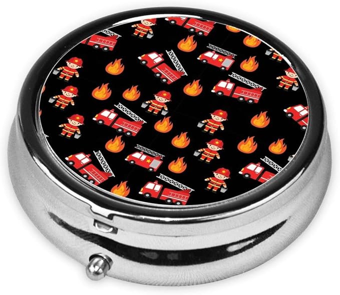 Purse Pill Case, Compact Round Holder for Vitamins, Travel Organizer Pocket Friendly, Moisture Proof Design for Women, Cute Cartoon Firefighter Red Fire Truck