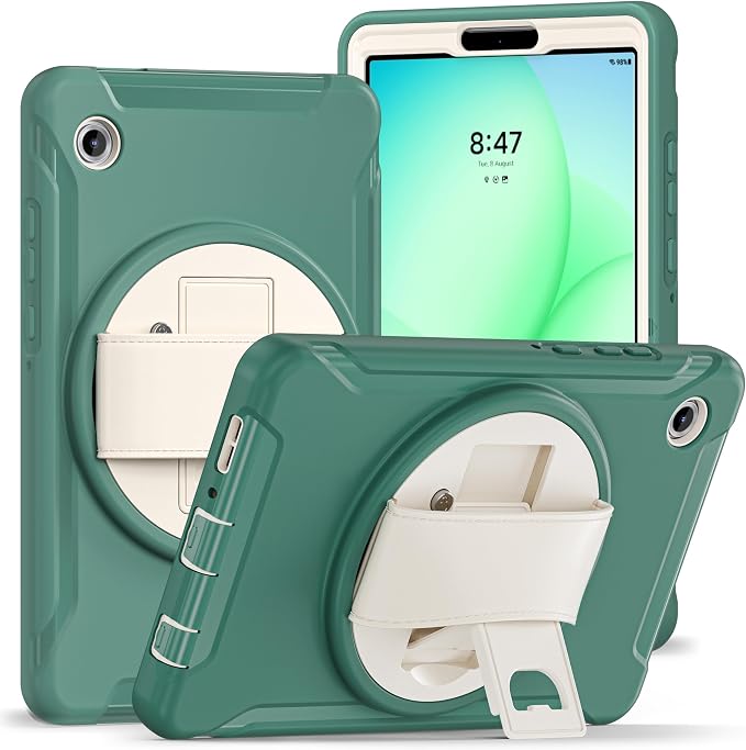 for Samsung Galaxy Tab A11 (2025) 8.7 inch Case 5G with Screen Protector, Hand Strap, Pen Holder & 360° Rotating Stand,Shockproof Protective Cover for SM-X130/X133/X135 (Green F)