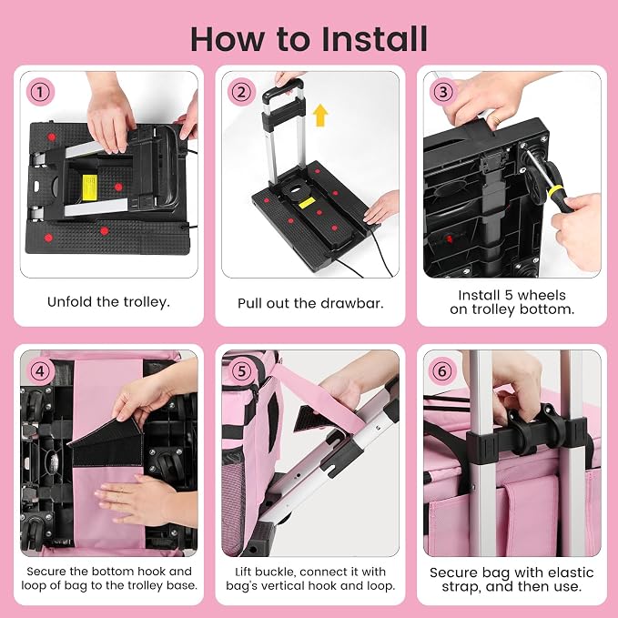 Housolution Extra Large Rolling Cleaning Caddy Bag with Wheels, Pink | Upgrade 360° Free Rotating, Detachable Trolley & Dust-Proof Lid, High load Bearing & Waterproof