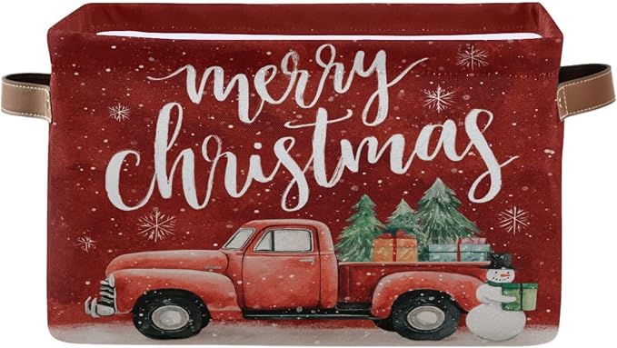 Christmas Red Snowman Truck Print Rectangular Storage Bin Basket with Handles - Laundry Storage Basket Organizer Bins for Pets Room Books Closet