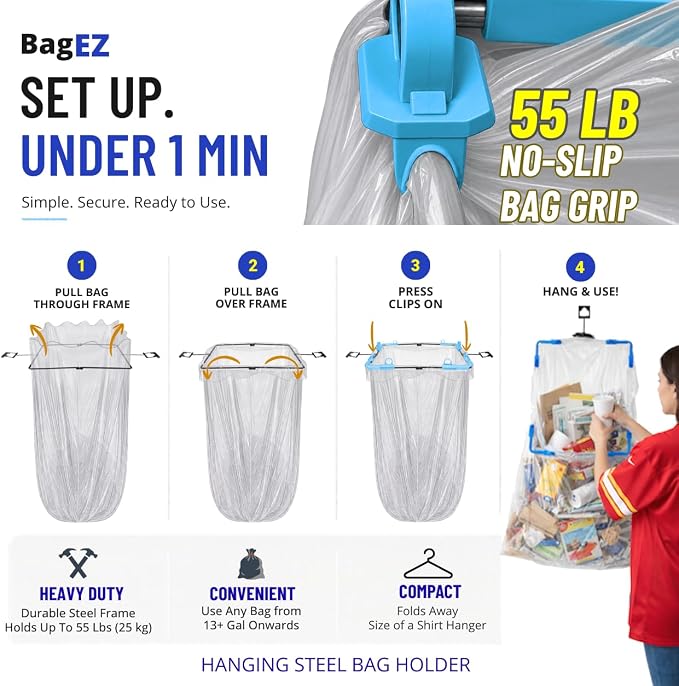 Portable Trash Bag Holder Stand For 20-33+ Gallon Liners. 16x17in Hanging Stand for Waste or Storage & Organization. Garbage can For Home Recycling Camping Picnic Party Boat Car RV or Leaf Collector