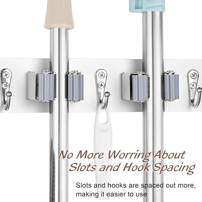 OUTNILI Mop and Broom Holder Wall Mount - White Broom Mop Hanger - Wall Mounted Garden Tool Rack Organizer for Closet Garage Laundry Room Kitchen Decor With 5 Slots & 4 Hooks