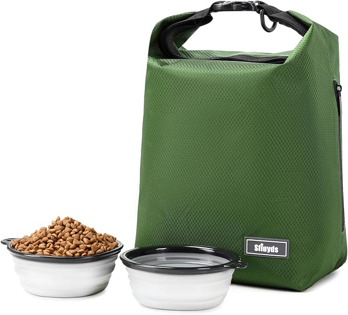 Dog Food Travel Bag Pet Food Container2PCS Collapsible Dog Travel Bowls and Zipper Side Pocket 20L (Green, Large)