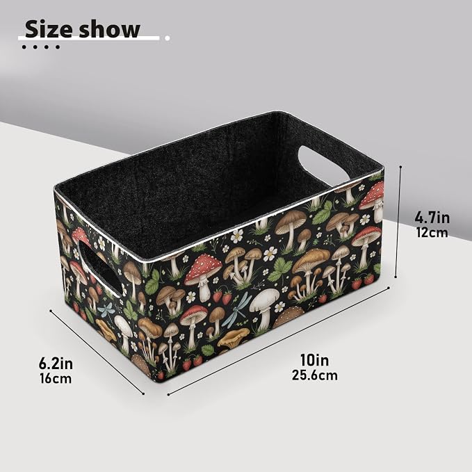 Emelivor Mushrooms Black Storage Basket Bins Set (2pcs) Felt Foldable Storage Bins with Handles Foldable Storage Baskets Boxes for Office Bedroom Closet Babies Nursery DVD Laundry