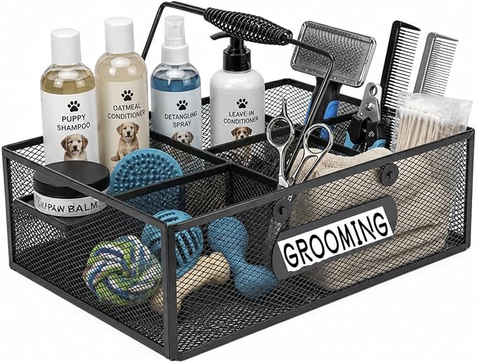 Pethiy Pet Grooming Organizer, 6-Compartment Dog Grooming Caddy for Home | Black Iron Mesh With Carry Handle,Portable Dog Storage Organizer for Grooming Supplies Holds Shampoo,Brushes And Towels