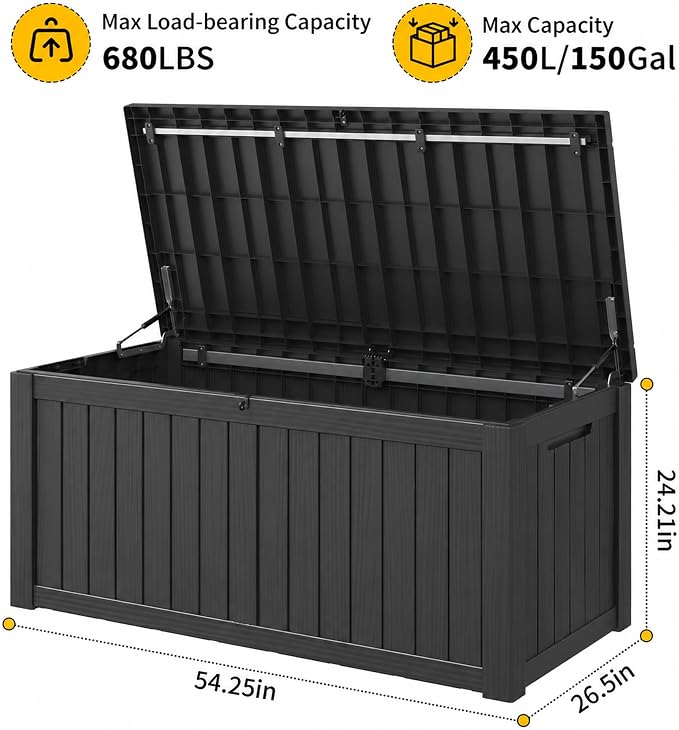 Outdoor Storage Box, 150 Gallon Large Outdoor Resin Deck Box, Storage Waterproof Boxes Lockable Lid for Garden Tools, Pool Supplies, Patio Furniture and Cushions, Black