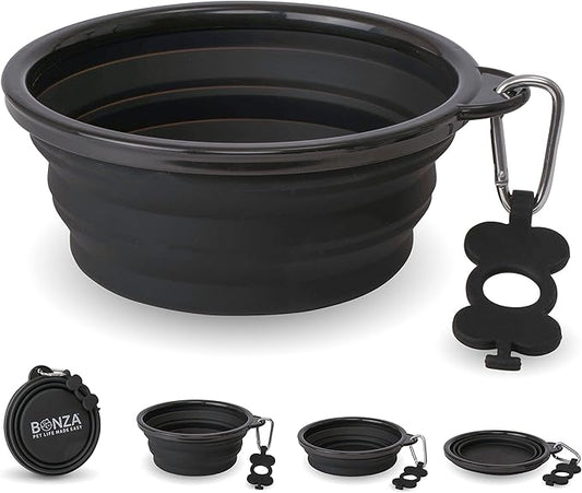 Bonza Collapsible Dog Bowls - X-Large 50 oz, Dog Travel Accessories, Silicone Portable Dogs Bowl & Water Dish with Reinforced Rim & Carabiner for Hiking, Camping, and Car Trips, Black
