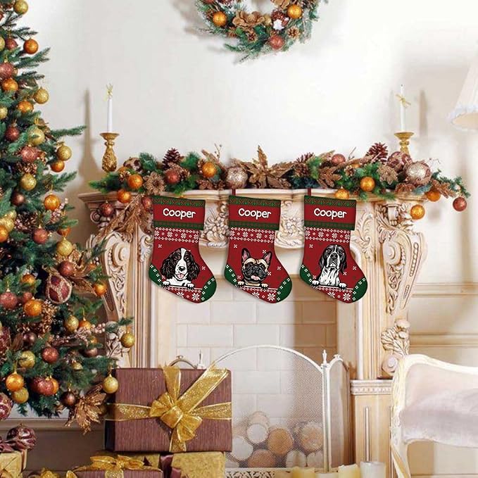 Personalized Christmas Stocking Bull Terrier Dog Red Christmas Snowflake Xmas Holiday Stocking Fireplace Home Decor 14"