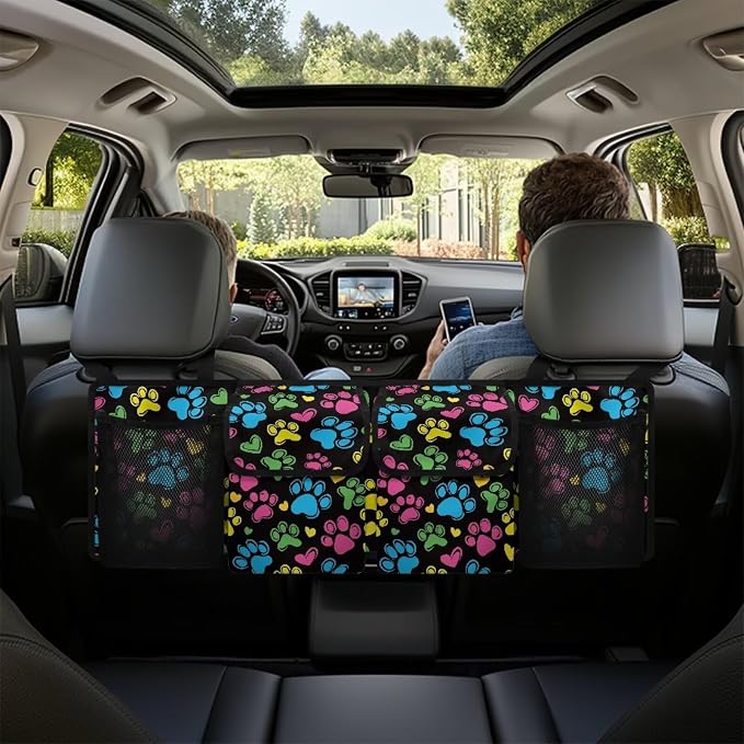 Dreaweet Colorful Dog Paw Print Car Trunk Organizer Backseat Hanging Large Storage with Adjustable Straps Car Cargo Trunk Storage Organizer Bag for Truck,SUV,Van
