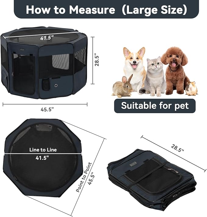 PETSFIT 45.5" Dog Playpen with Dual Zipper Doors | Sturdy Foldable, For Large & Medium Dogs, Removable Mesh Top, Leakproof Bottom