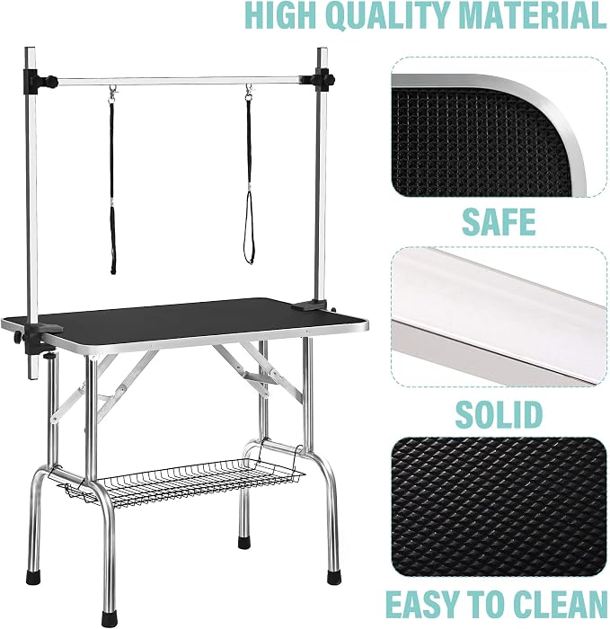 46" Professional Adjustable Pet Grooming Table Heavy Duty with Arm & Nosse & Mesh Tray for Large Dog Cat Shower Table Bath Station, Maximum Capacity Up to 300 LBS (Black 46 inch)