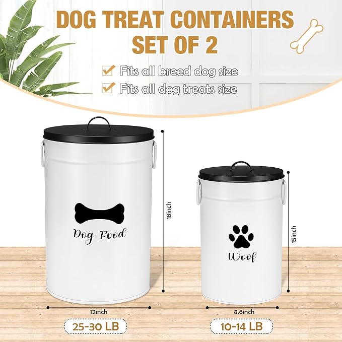 DoubleFill Extra Large 30+14 lb Metal Dog Food Storage Containers, White | Airtight Dog Treat Snack Jars with Lids and Spoon, Farmhouse Style Big Pet Cookie Storage Bin for Kitchen Counter, Set of 2