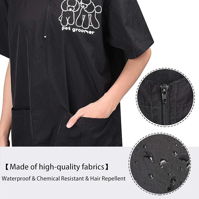 Noverlife Unisex Pet Grooming Smock & Pants, Splash Proof & Hair Repellent | Black, Anti-Static Dog Cat Grooming Workwear Clothes with Pockets, Hair Repellent Working Shirt & Trousers for Pet Groomer