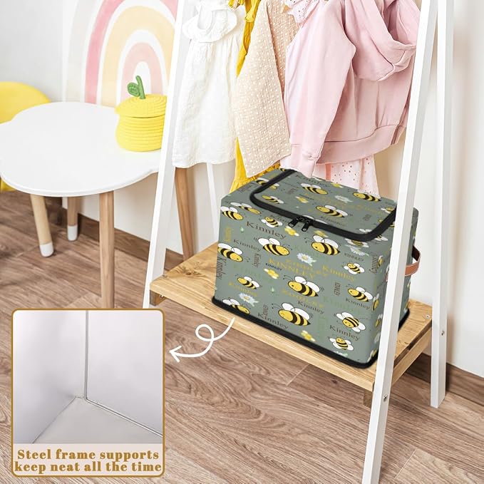 Custom Storage Baskets for Home with Name, Cartoon Bee with Daisy Floral Dark Matcha Green Large Foldable Organizer Collapsible Storage Bin with Zipper Lid Handle for Toys Closet Nursery