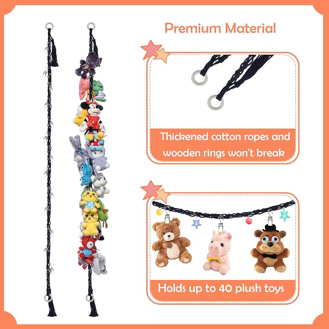 2PCS Stuffed Animals Storage Chain Organizers 80" Cotton Hanging Storage Chain with 40 Metal Clips Stuffed Animal Display Holder Chain for Wall or Corner Nursery Play Room (Black)