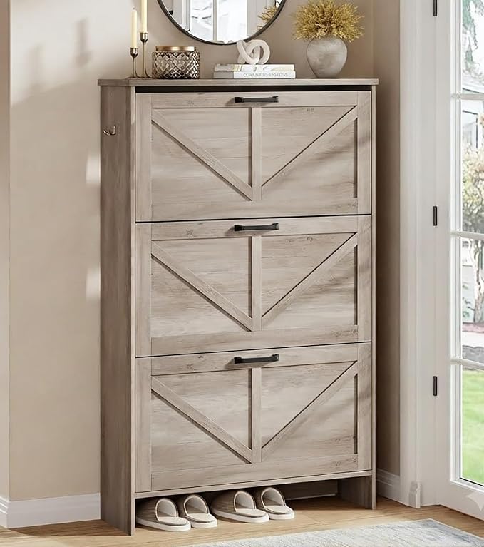 Shoe Cabinet for Entryway, 3 Flip Drawers Shoe Storage Cabinet with 3-Tier Adjustable Shelves, Ultra Slim Freestanding Hidden Shoe Organizer with Barn Door Design, Dove Gray