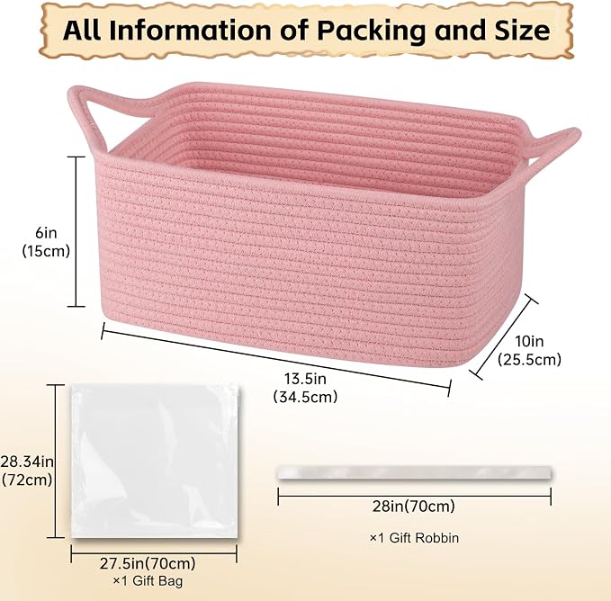 OIAHOMY Woven Basket, Gift Basket Empty with Gift Bags and Ribbons, Rope Baskets for Baby Showers, Storage Baskets with Handles for Nursery, Pet Toy Organizer - Pink
