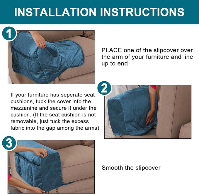 Velvet Quilted Armrest Covers - Water-Resistant Sofa Arm Protectors Set of 2 with Side Pocket Organizer, Non-Slip Furniture Covers for Chairs & Couches (Peacock Blue)