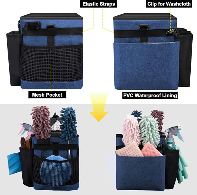 Wearable Large Cleaning Caddy Bag for Housekeepers (Blue) | Cleaning Supplies Organizer with Adjustable Shoulder, Waist & Handle Straps, Detailing Bag for Kitchen Supplies