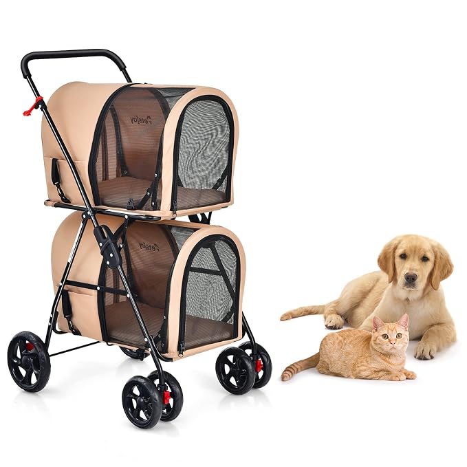 PETSITE Double Dog Stroller, Foldable Pet Stroller for 2 Dogs & Cats Small Medium Sized with Detachable Carrier on Wheels, Ideal for Car Seat Walking Camping Travel