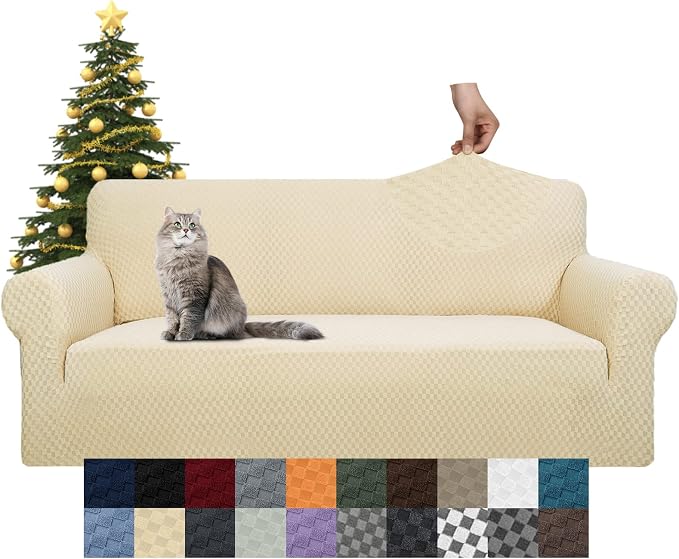 YEMYHOM Couch Cover Latest Jacquard Design High Stretch Sofa Covers for 3 Cushion Couch, Pet Dog Cat Proof Slipcover Non Slip Magic Elastic Furniture Protector (Sofa, Beige)