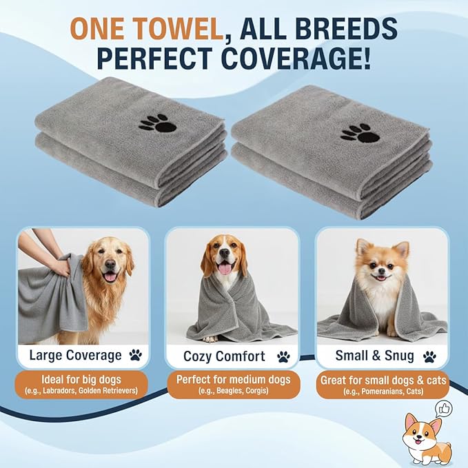 Dog Towel Keeps Your Pet Cozy After Every Use - Microfiber Towels for Drying Dogs & Cats - Quick & Efficient Grooming Gray Towel for Outdoor Play - Gently Dries Your Pet’s Fur 60x100cm Medium
