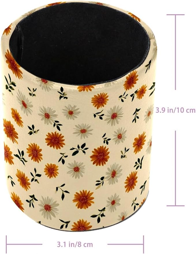 Faux Leather Pen Holder for Desk, Pencil Organizer Daisy Pen Cup Desk Decor Makeup Brush Holder Storage for Office Home