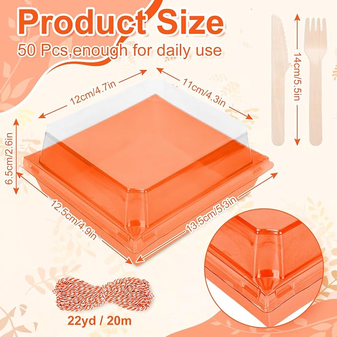 Whaline 50 Set 4.7 x 4.3 Inch Orange Small Charcuterie Boxes with Clear Lids Forks Knives Clear Mini Dessert Box Disposable Food Container for Wedding Birthday Sandwich Cookie Sushi Cake