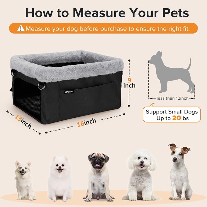 JOEJOY Deluxe Dog Booster Seat with Sturdy Metal Frame and Safety Leash for Small Pets up to 20 lbs - Portable Puppy Dog Car Seat with Thick Cushion and Storage Pockets for Small Dogs, Black