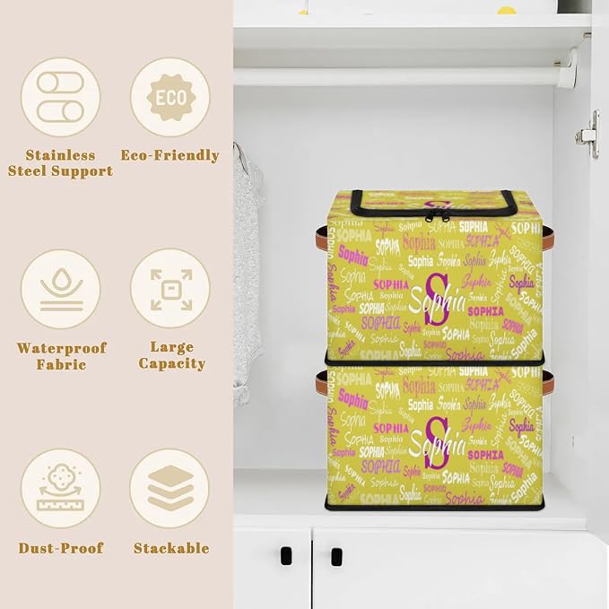 Personalized Name Storage Basket with Zipper Lid, Canvas Storage Bins Toys Clothes Organizer for Bedroom, Kitchen, Bathroom, Nursery, Shelves, Closets, Lemon Yellow Background