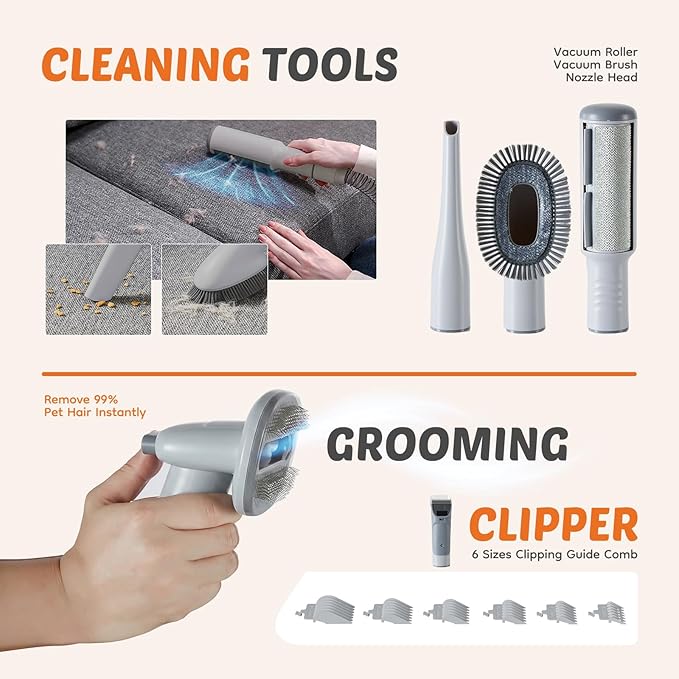 Sweetcrispy Professional Pet Grooming Vacuum Kit, 2.5L Cup, 3 Suction Modes, and 5 Groomer Tools with Cordless Low Noise Dog Clippers for Cats, Other Animals Hair Trimmer, Gray