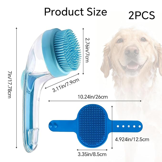 Pet Bath Brush, 2Pcs Dog Bath Brush 2 in 1 Dog Shampoo Brush with Built-in Soap Dispenser for Showering Long Short Haired Dogs Cats (Blue)