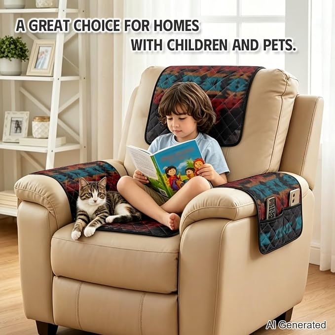 Aztec Geometric Recliner Chair Covers with Pockets 4-Piece | Tribal Quilted Recliner Furniture Protectors for Reclining Chair Lazy Boy Recliners Armchair, Pet Friendly Non Slip