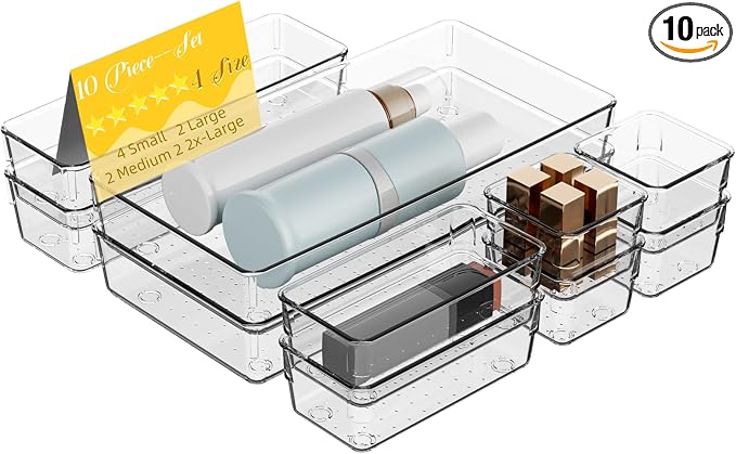 Clear Plastic Drawer Organizer Set with 15 Inch Extra Long Bins, 4 Sizes Large Acrylic Organizers for Kitchen Utensils, Bathroom Trays and Makeup Storage