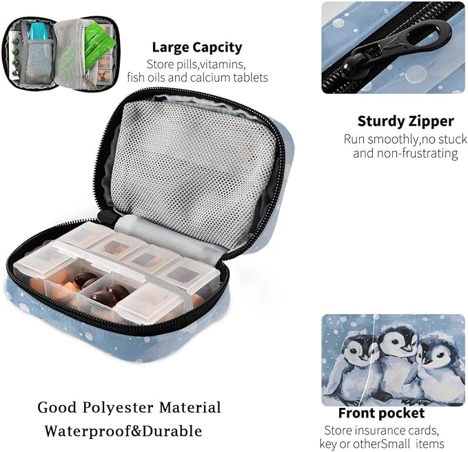 Fustylead Cute Hand Draw Winter Penguins Pill Organizers 2 Times A Day Pill Case Bag with Zipper Portable Weekly Pill Dispensers for Vitamin Supplement