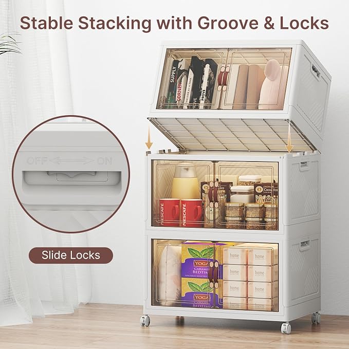 Stackable Storage Bins with Lids, 144QT Lockable Storage Cabinet | Folding Storage Box with Doors and Wheels, Collapsible Plastic Drawers for Home, Garage, Office