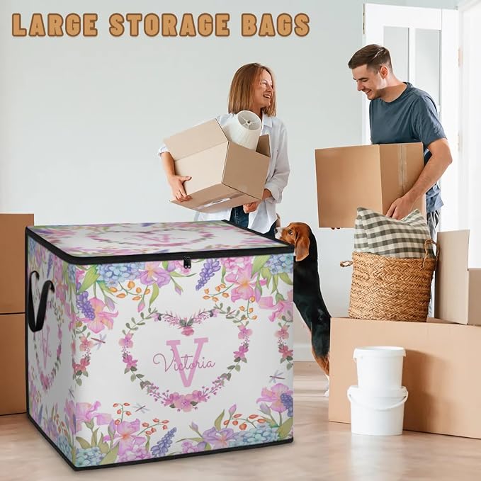 Personalized Large Storage Basket with Lid, Canvas Storage Bins Quilt Clothes Organizer for Bedroom, Kitchen, Bathroom, Nursery, Shelves, Closets, Colorful Blue Pink Spring Florals