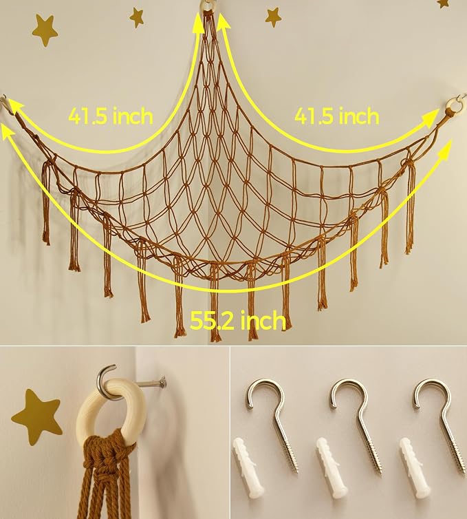mirolam Stuffed Animal Hammock-Large Stuffed Animal Net For Toys Corner-Hanging Stuff Animal Toy Storage Organizer For Plush Plushie Display Caramel Toy Storage Girl Room Bedroom Boho Nursery Decor