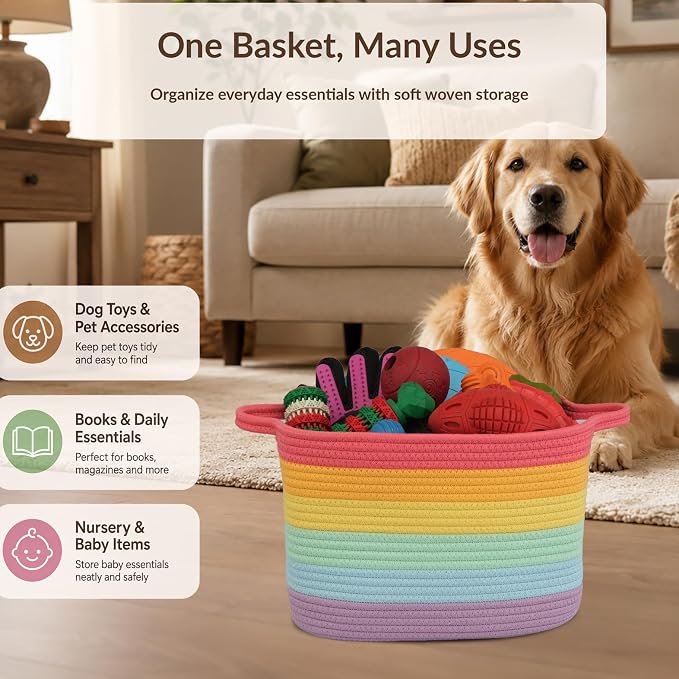 XUANGUO Woven Cotton Rope Storage Basket with Handles 13x10x9 inch Rainbow | Woven cotton rope basket for shelves and closets. Perfect for toys, books, clothes, nursery storage and gift baskets