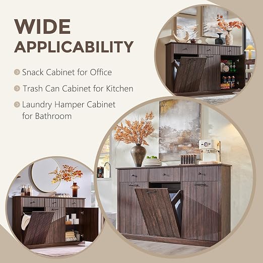 IFGET Triple Tilt Out Trash Can Cabinet, Modern Fluted Laundry Hamper Cabinet with 3 Drawers, 20 Gallon Hidden Wooden Garbage Can Cabinet w/Storage Basket & Adjustable Shelf, for Kitchen, Brown