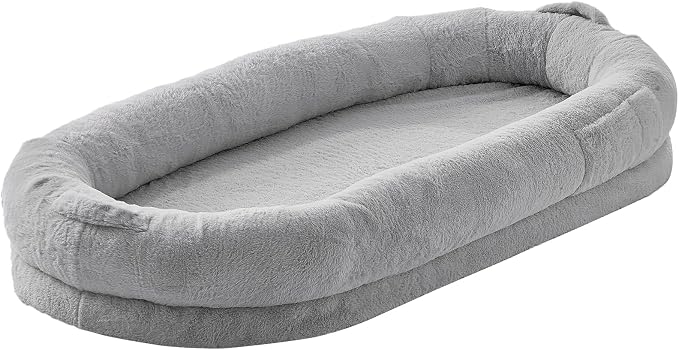 VEVOR Human Dog Bed, 67.7"x35"x9.8" Human Dog Bed for Adult People, Large Size Beds with Washable Faux Rabbit Fur Cover, Egg Orthopedic Foam, Storage Pocket, Bean Beds for You and Pet, Light Grey