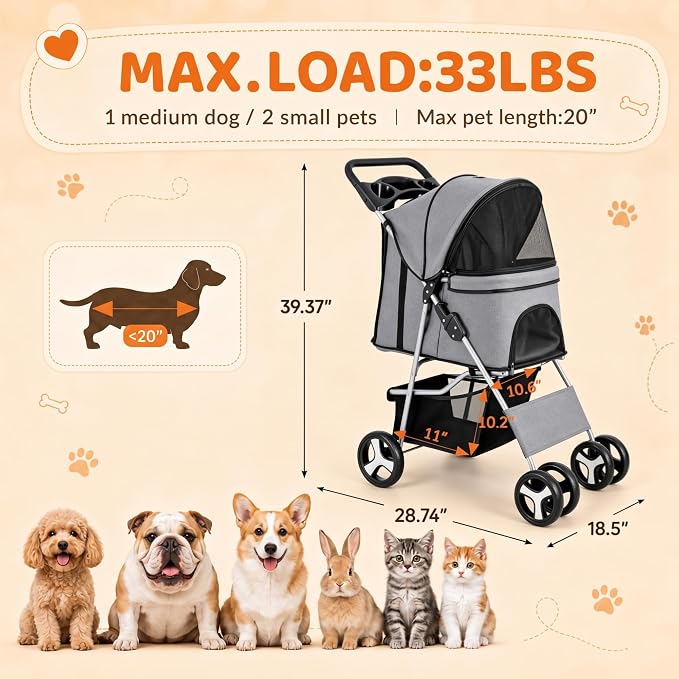 ZENY Foldable Pet Stroller, Cat/Dog Stroller with 4 Wheels | Pet Travel Carrier Strolling Cart with Storage Basket, Cup Holder (Grey)