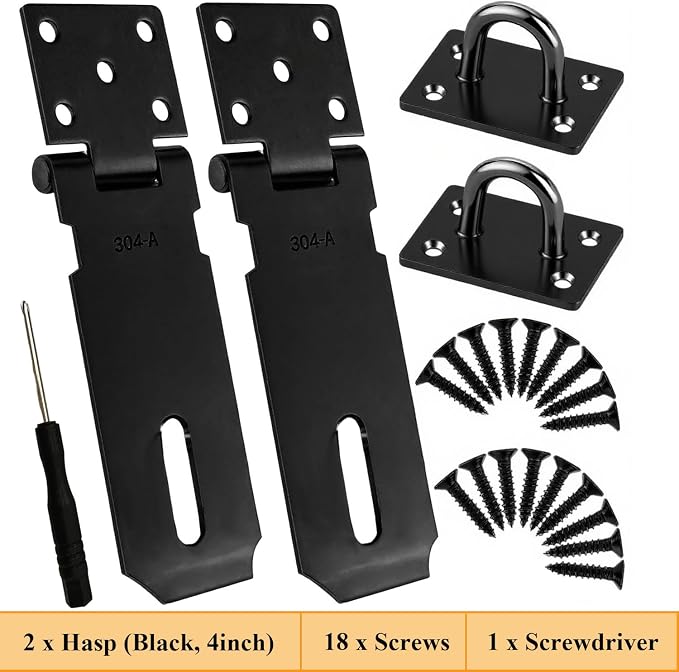 2 Pack 4 Inch Black Door Padlock Hasp, Stainless Steel Shed Gate Lock Latch, Heavy Duty Security Lock with Screws, for Cabinet, Pet Cage, Crate, Fence, Window, External Doors