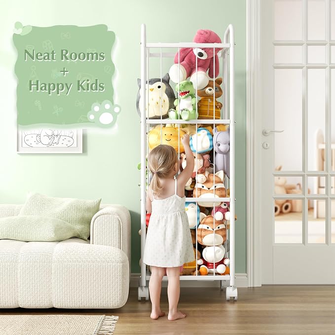 Stuffed Animal Storage Organizer with Wheels for Nursery Playroom | 53.5"x18.1"x13", holds 50+ plushies, sturdy metal frame, 4 casters with 2 brakes, wall anchor included, rounded corners